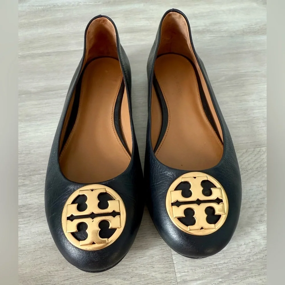Tory Burch Benton Ballet Flats Shoes Black Nappa Leather Gold Tone Logo Size 6